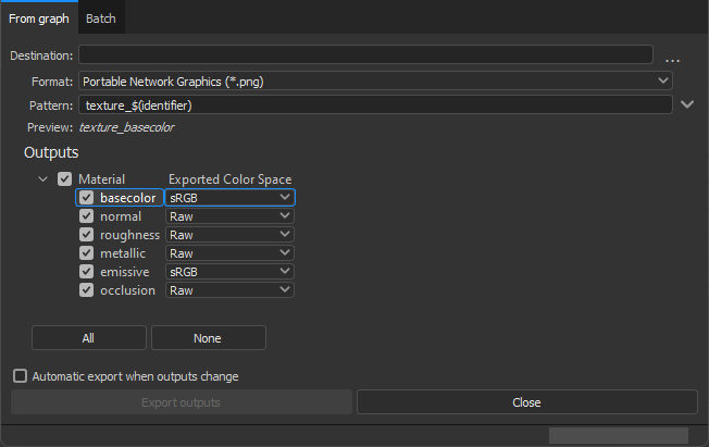 Export options in Substance Designer allowing control over color space for textures