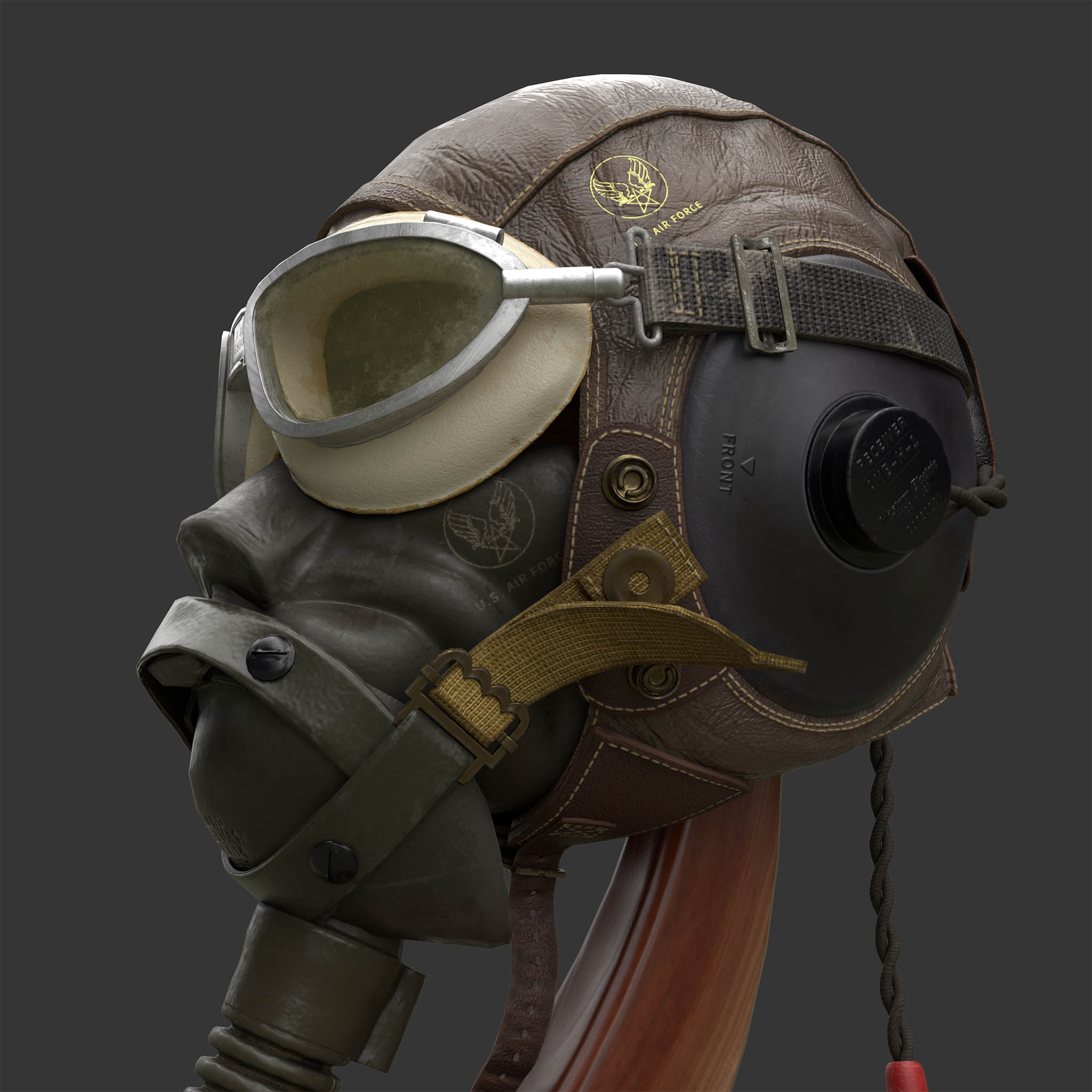 A close-up render of the WWII flight helmet showing details of the leather, plastic, and cloth materials present in the helmet as well as find embossed insignias which show the asset has good texel density