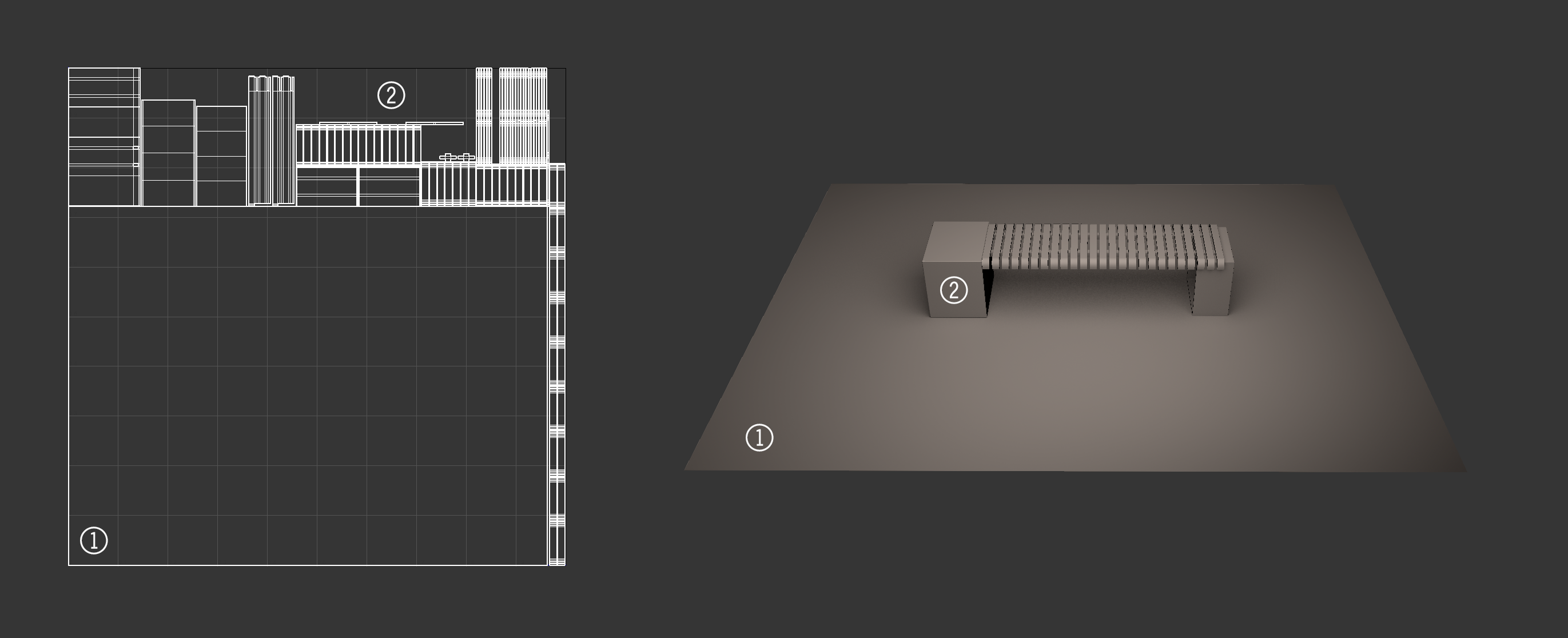 The same layout of bench on plane, but this time showing shadows cast by the bench on the bench and ground while the UV layout has changed to show only a single layout with both ground and bench pieces in one layout with no overlapping