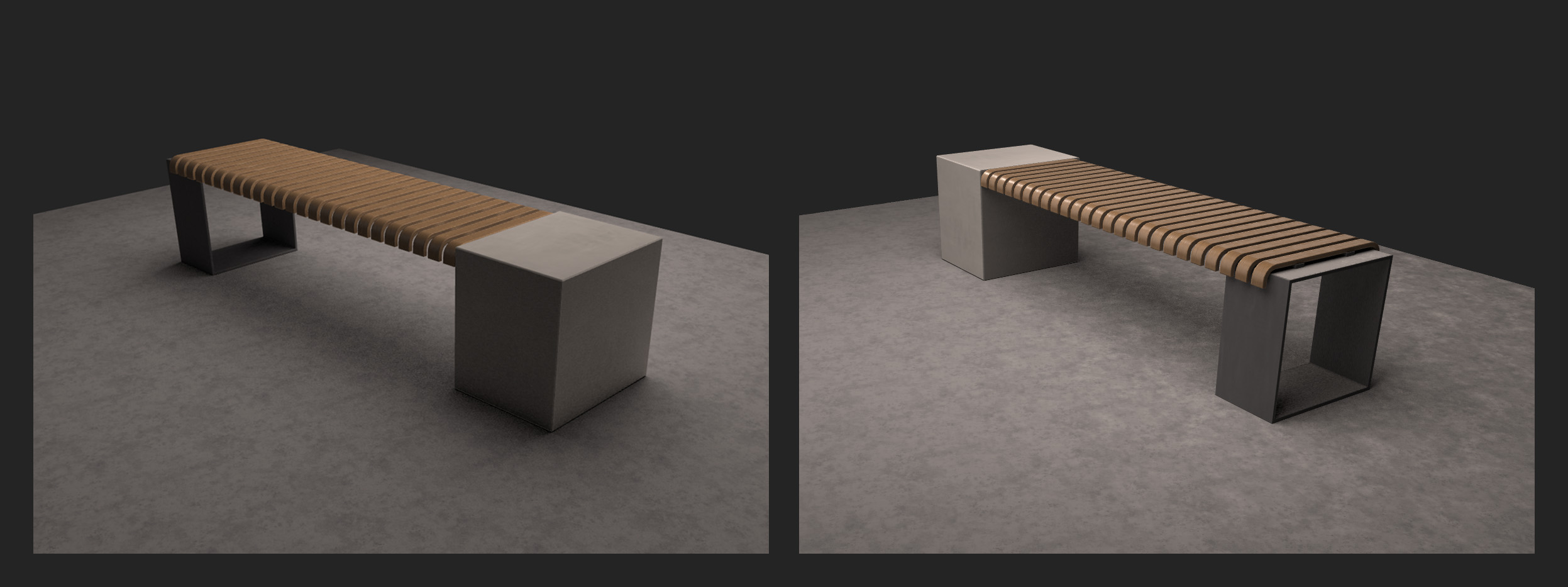 Final renders of the bench on a concrete ground plane with soft shadows and bounced light on both assets shown from the rear on the left and the front on the right