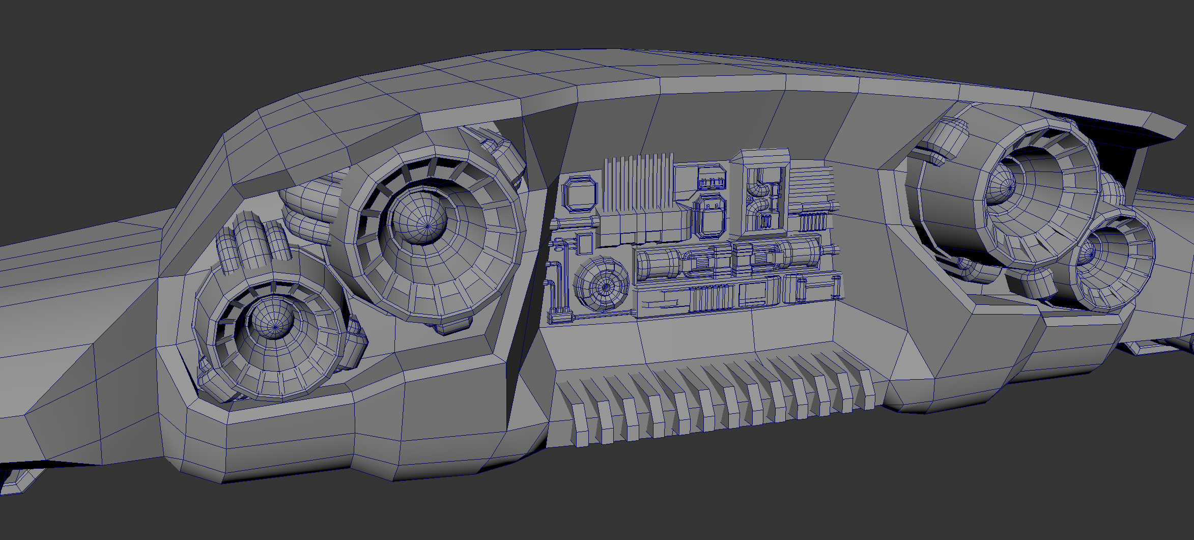 Parallax detail in a mesh showing complex mechanical parts and engines outtakes for the star fighter