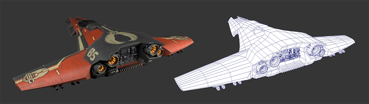 Space fighter comparison between finished textured asset and low-poly mesh
