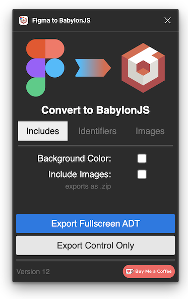 Screenshot showing the Figma to BabylonJS plugins first screen. Two checkboxes for background and images, with two large buttons for exporting