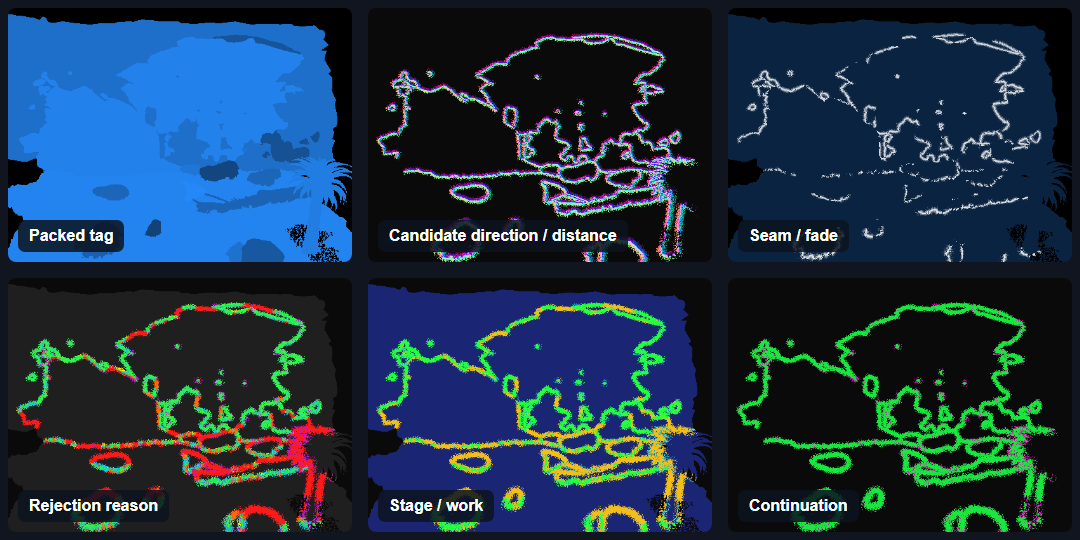 Mesh-blending tag, search, seam, rejection, work, and continuation debug views