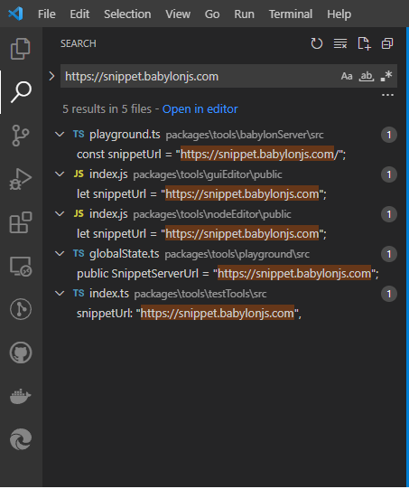 Example of using the Search function of Visual Studio Code to search for "https://snippet.babylonjs.com"