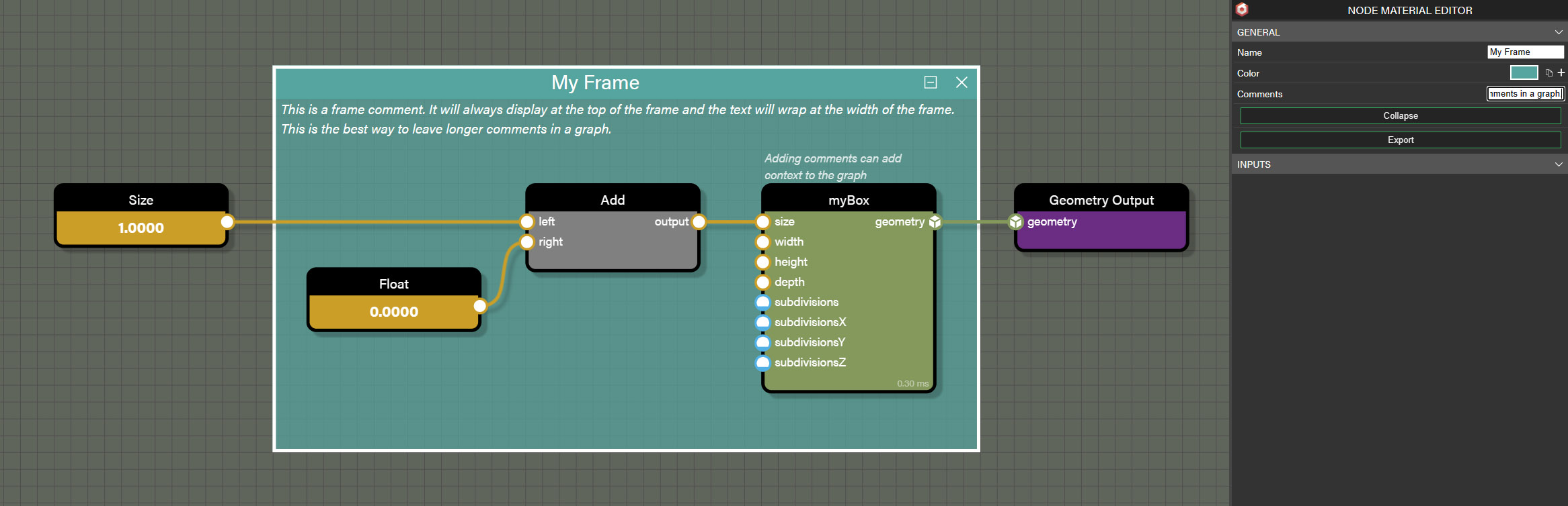 Frame names and colors can be set in the parameters panel. Long comments can be left on frames which will always display at the top of the frame.