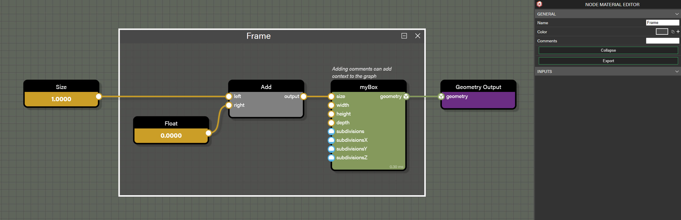 Frames can be drawn around nodes to help visually organize the graph and allow multiple nodes to be moved at once.